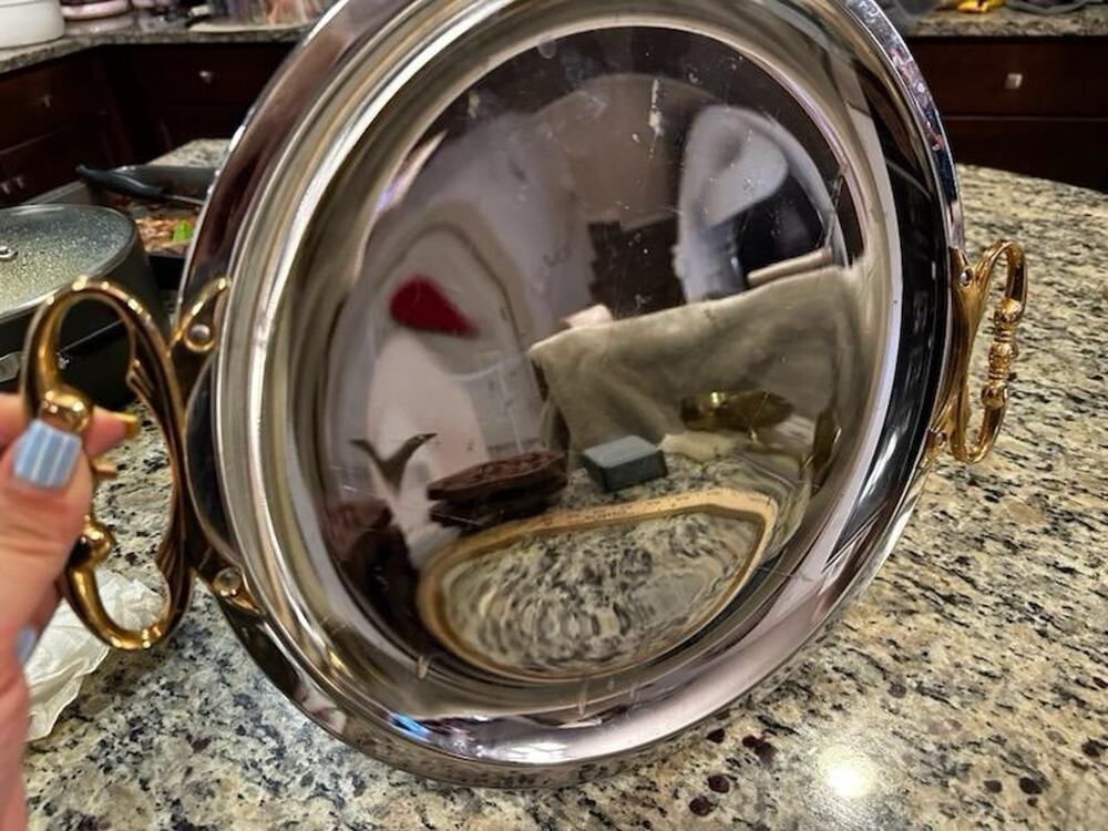 Vintage KROMEX Round Chrome Metal Serving Tray w/ Brass Handles